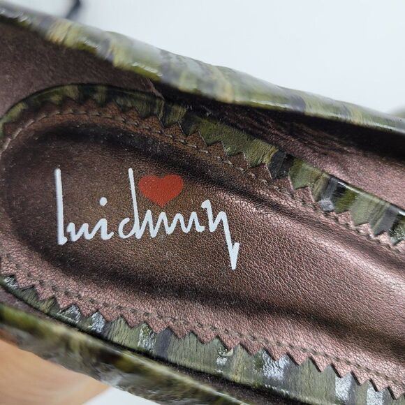 Vintage Y2K Luichiny Leather Heels 7 Green Texture Curved Stacked Wedge Artsy - Picture 15 of 16